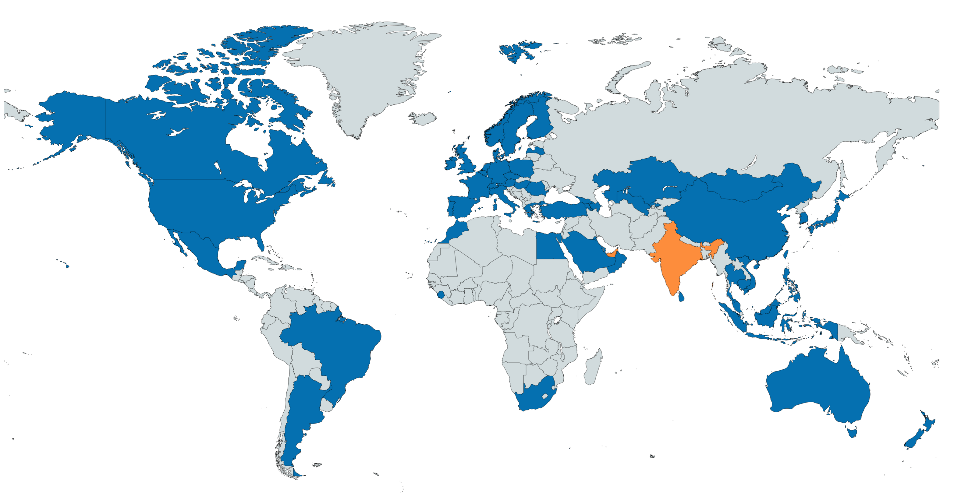 Map showing Stablecount head office in India and global client and procurement presence across trade markets